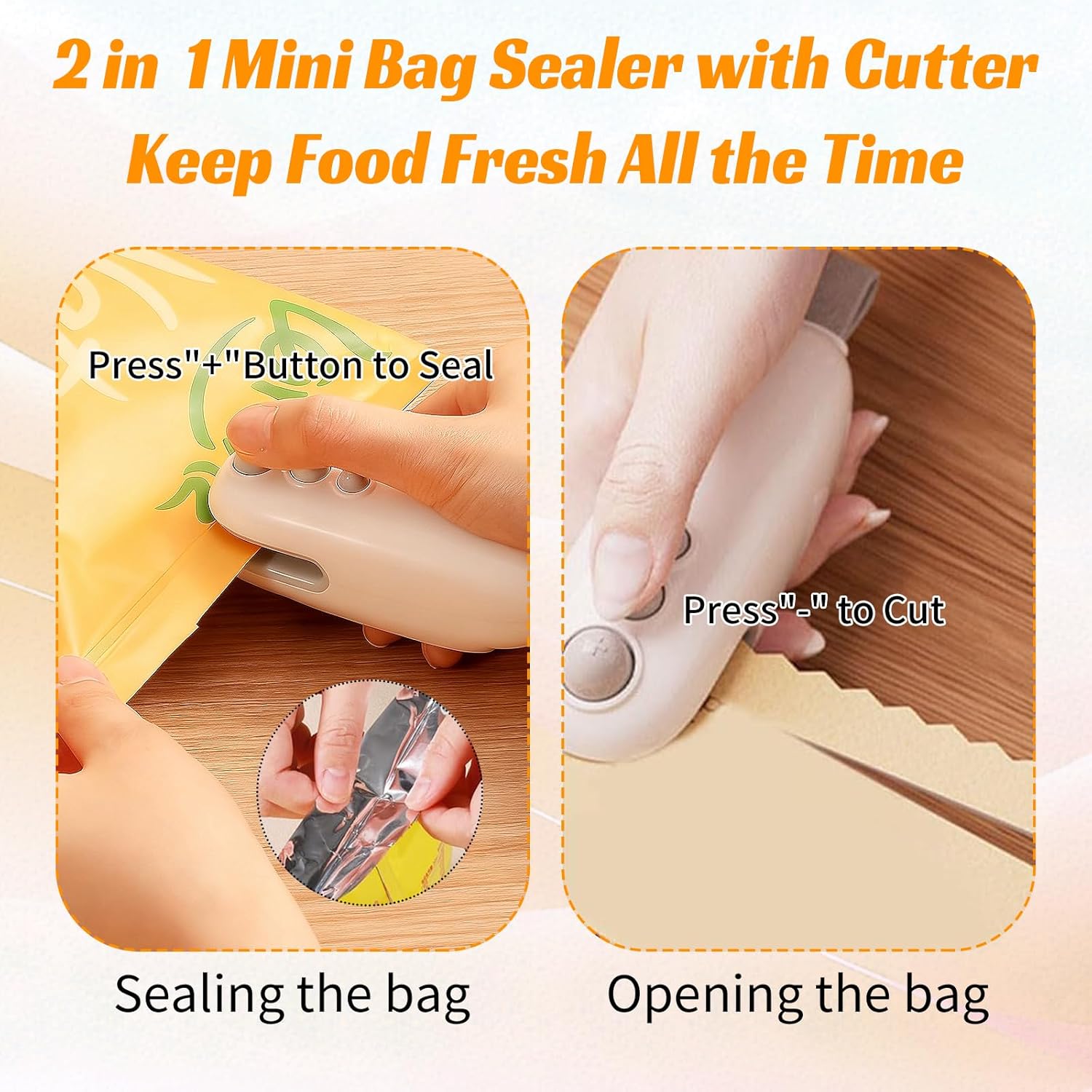 Mini Bag Sealer Type-C Rechargeable Vacuum Sealer for Food 2 IN 1 Mini Bag Sealer with Cutter and Magnet Bag Sealer Handheld for Plastic Bags Snacks